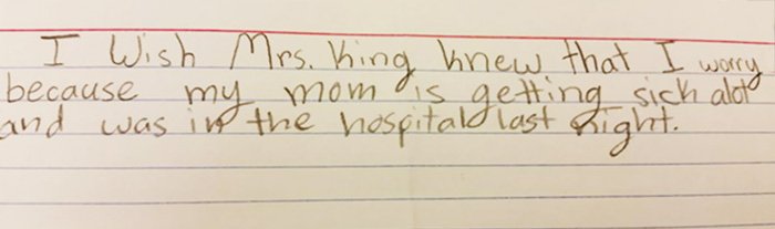 "Eu queira que a minha professora soubesse que eu estou preocupado por que a minha mãe está muito doente e passei a ultima noite no hospital"