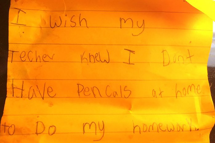 "Eu queria que a minha professora soubesse que eu não tenho lápis em casa para fazer os meus trabalhos de casa"