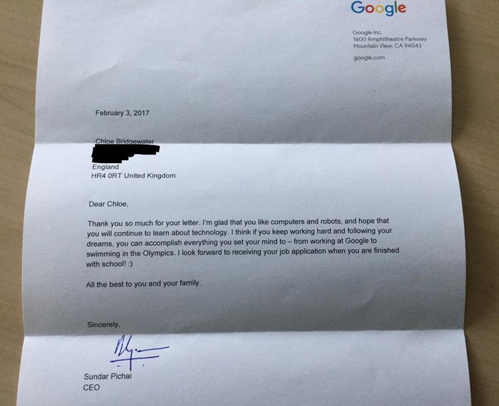 Menina de 7 anos pediu emprego ao patrão da Google. Ele respondeu assim&#8230;