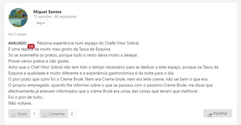 Chef Vitor Sobral processa cliente por critica feita ao seu &#8220;Crème brûlée&#8221; e restaurante