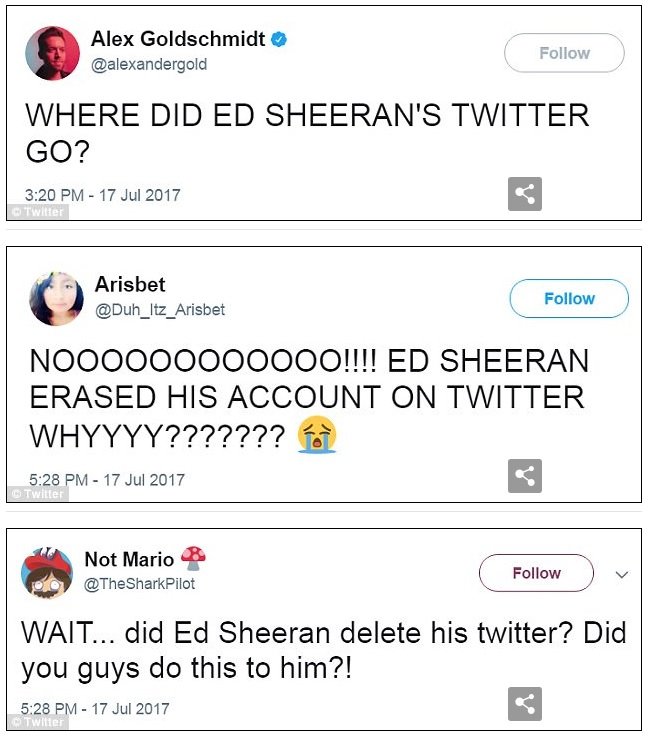 Desta vez Ed Sheeran não avisou, apenas acabou com a conta no Twitter