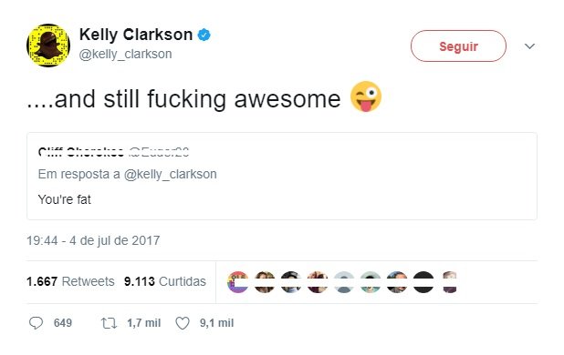 Kelly Clarkson responde a seguidor que lhe chamou gorda de forma épica&#8230;