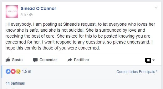 Sinead O&#8217;Connor  pede ajuda no facebook: &#8220;Não quero morrer&#8221;