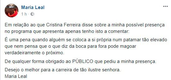 Maria Leal sobre Cristina Ferreira: &#8216;É uma pena quando alguém se coloca a si própria num patamar tão elevado&#8217;