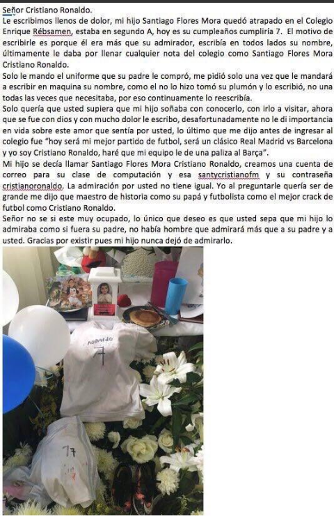 Ronaldo envia mensagem à família de menino que morreu no sismo do México