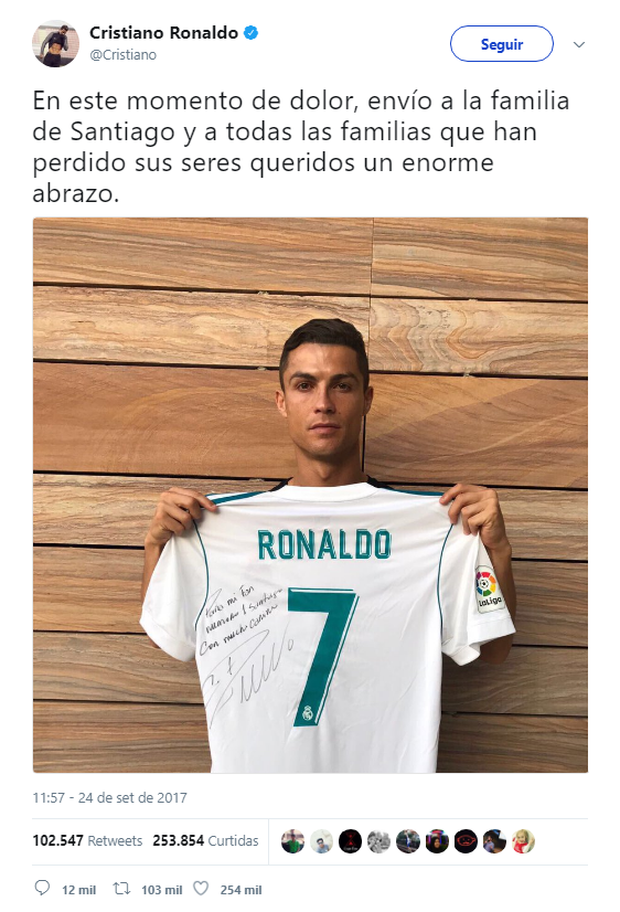 Ronaldo envia mensagem à família de menino que morreu no sismo do México