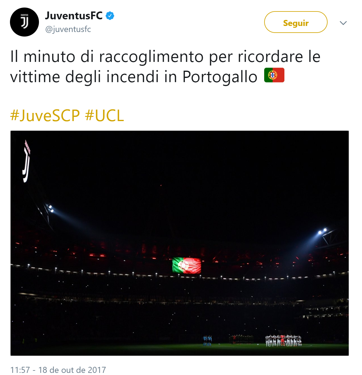 Juventus faz bonita homenagem às vítimas dos incêndios em Portugal