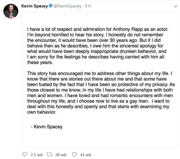 Kevin Spacey assume homossexualidade após ser acusado de assédio