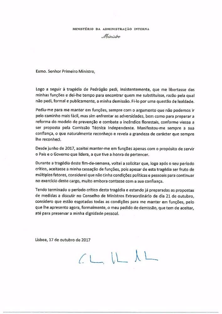 Incêndios: a carta de demissão da Ministra, e o agradecimento de António Costa