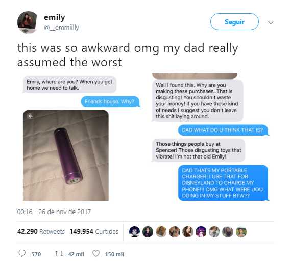Pai confunde carregador portátil com vibrador, e a conversa com a filha viralizou no Twitter