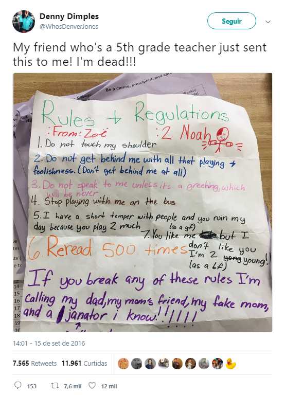 Aluna do 5º ano escreveu 7 regras para os rapazes falarem com raparigas, e a internet aprovou