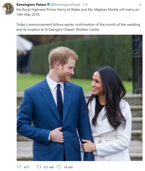 Está marcado o dia do casamento do Príncipe Harry com Meghan Markle.
