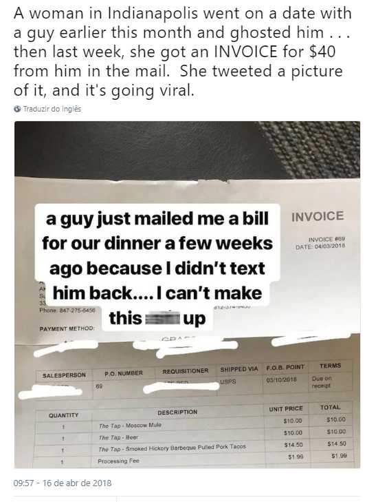 Homem rejeitado depois do primeiro encontro, envia a conta do jantar por email