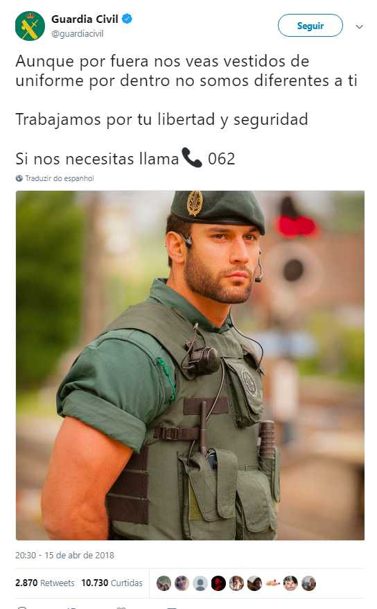 Foto de agente da Guardia Civil fica viral em Espanha, e aquece redes sociais