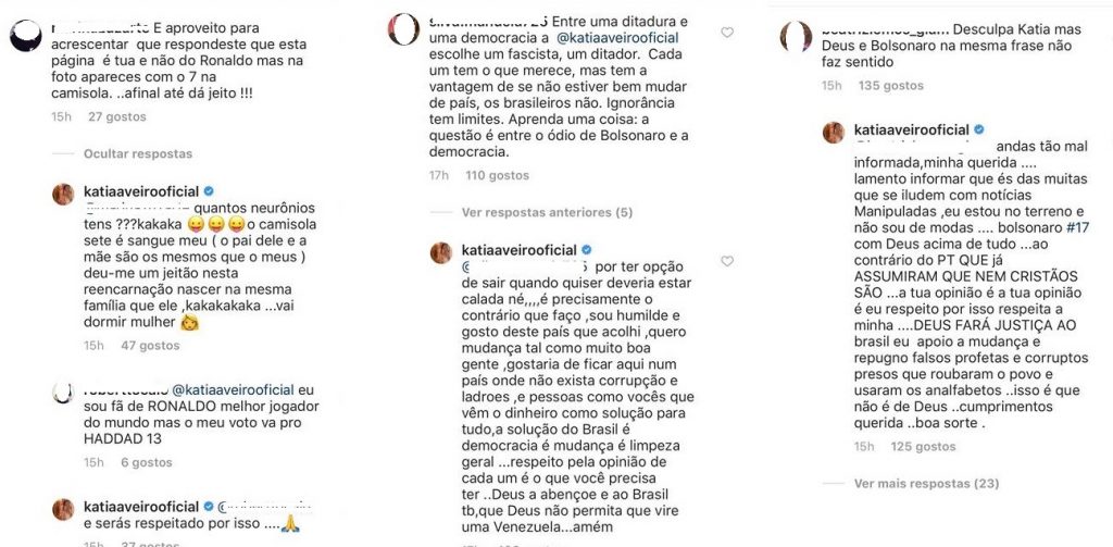 As respostas de Kátia Aveiro a quem a criticou por apoiar Jair Bolsonaro: &#8220;Quantos neurónios tens?&#8230; Vai dormir mulher&#8230;&#8221;