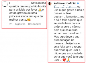 &#8220;Tem roupa tão bonita para grávida, por favor&#8230;.&#8221;: Katia Aveiro responde a fã nas redes sociais