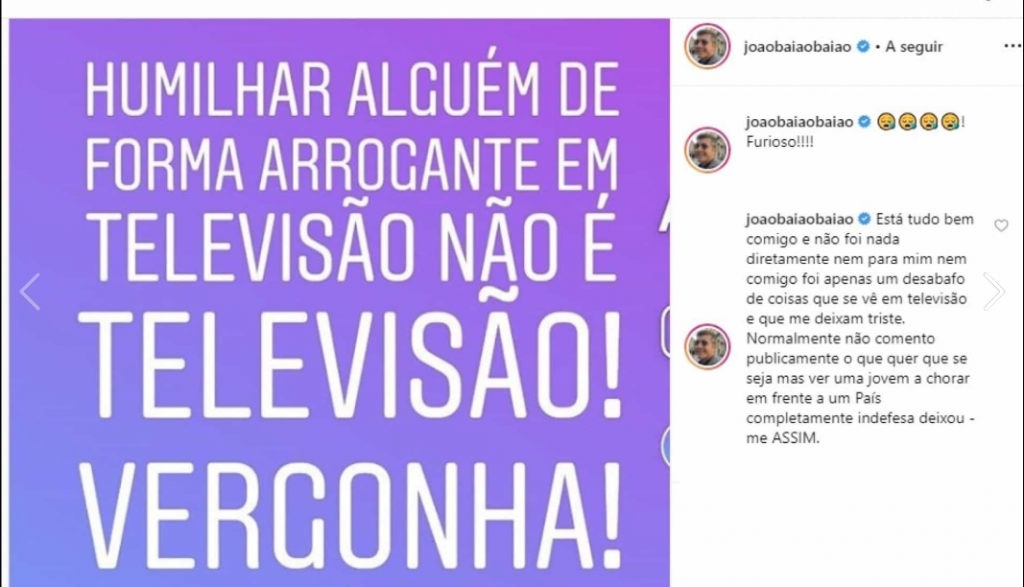 João Baião critica programa da RTP1: &#8220;Humilhar alguém de forma arrogante em televisão não é televisão!&#8221;