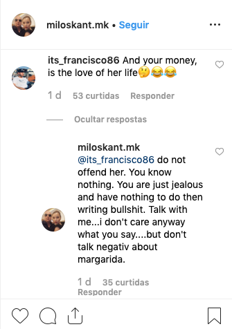 Milos Kant, namorado de Margarida Aranha &#8220;irritado&#8221; com comentários dos seguidores