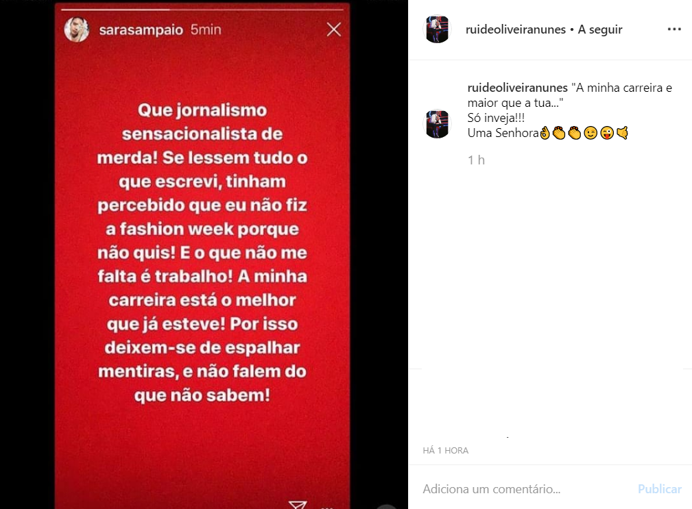 &#8220;Só inveja!!!&#8221;: Rui Oliveira sai em defesa de Sara Sampaio
