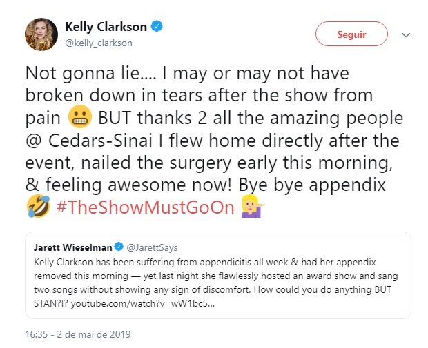 Após Billboard Music Awards, Kelly Clarkson foi operada de urgência