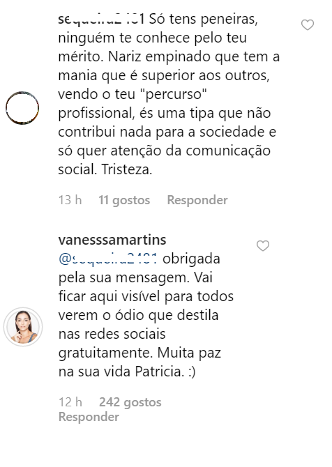 &#8220;Nariz empinado que tem a mania que é superior&#8230;&#8221;: Vanessa Martins é criticada e responde a fã