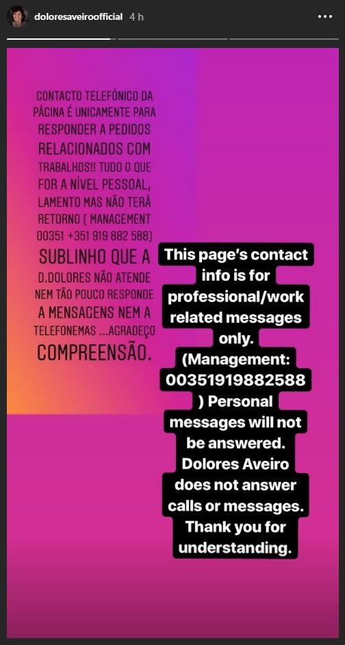 Dolores Aveiro apela aos fãs por compreensão: &#8220;Contacto telefónico é unicamente para trabalhos..&#8221;