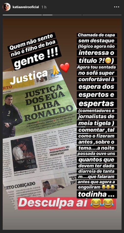 Kátia Aveiro reage às notícias sobre ilibação de Ronaldo: &#8220;Tanta m&#8230;. que falaram antes que agora a engoliram&#8230; todinha&#8221;