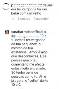 &#8220;Devias ter vergonha de ter um bebé com um velho&#8230;&#8221;: Sara Barradas responde à letra a seguidor que a critica