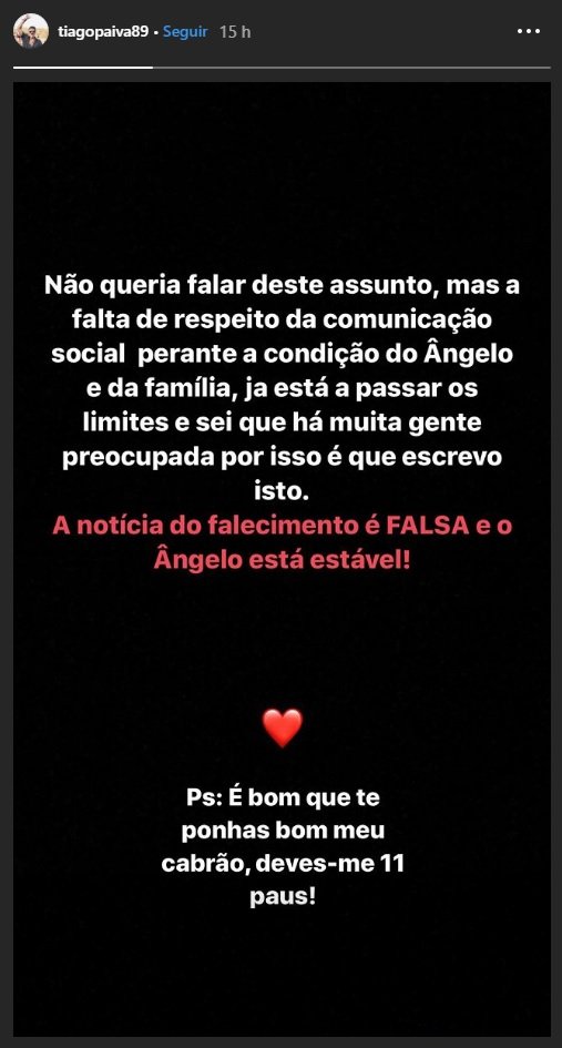 Tiago Paiva arrasa imprensa: &#8220;A notícia do falecimento é falsa&#8221;, e actualiza estado de saúde de Ângelo Rodrigues