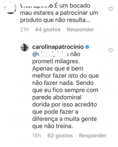 Criticada por estar a &#8216;patrocinar produto que não resulta&#8217;, Carolina Patrocínio responde a fã