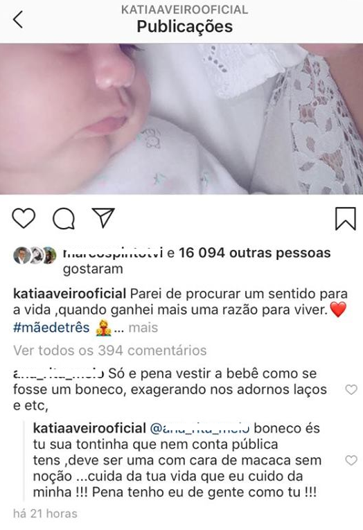 &#8220;Só é pena vestir a bebé como se fosse um boneco&#8230;&#8221;: Katia Aveiro exalta-se com comentário de fã e responde à letra