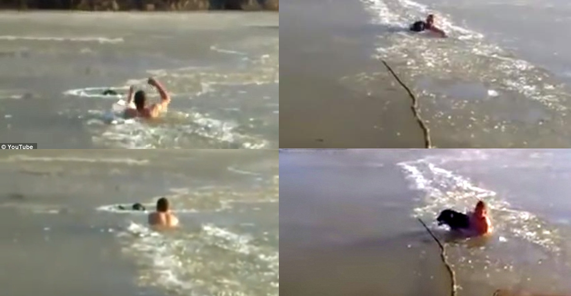Homem russo atravessa rio gelado para salvar o cão.