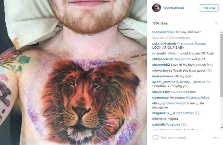 Ed Sheeran tatua leão no peito