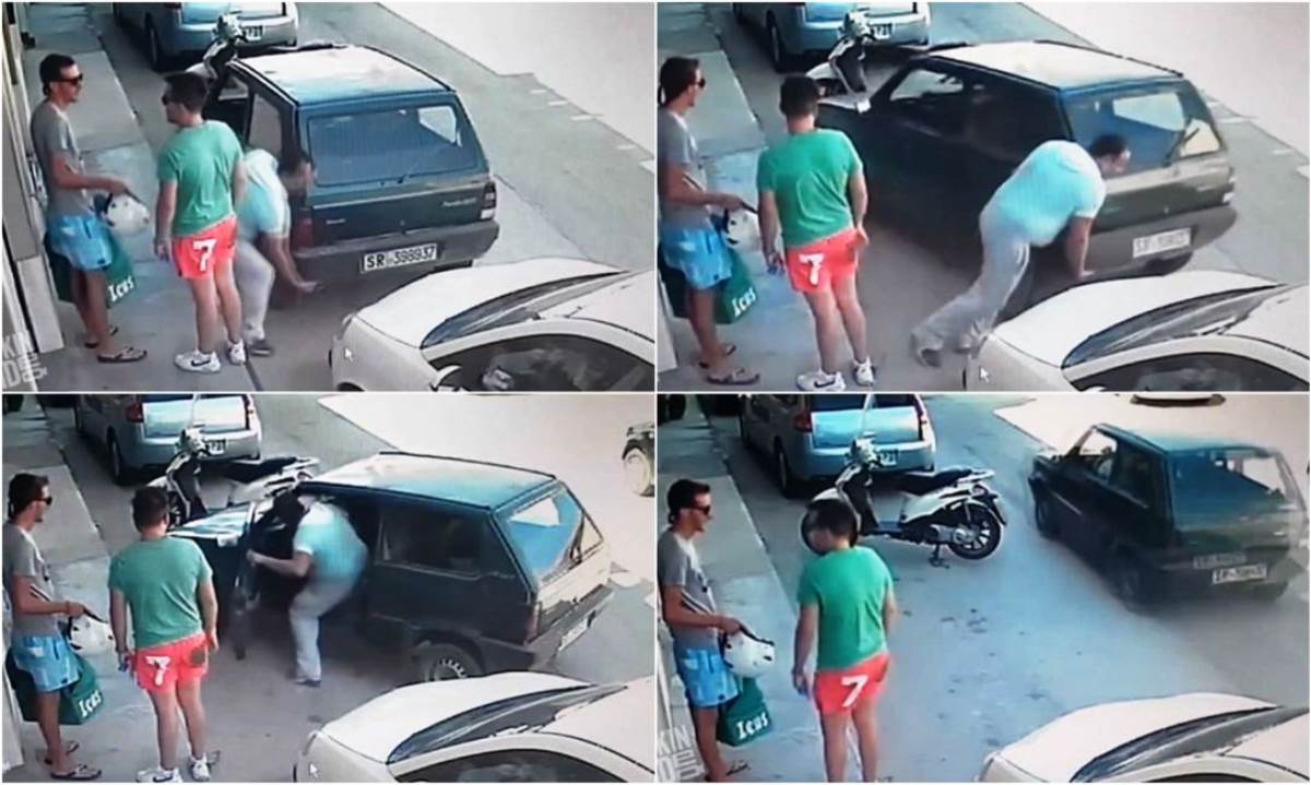 Homem arrasta o seu próprio carro para fora do estacionamento