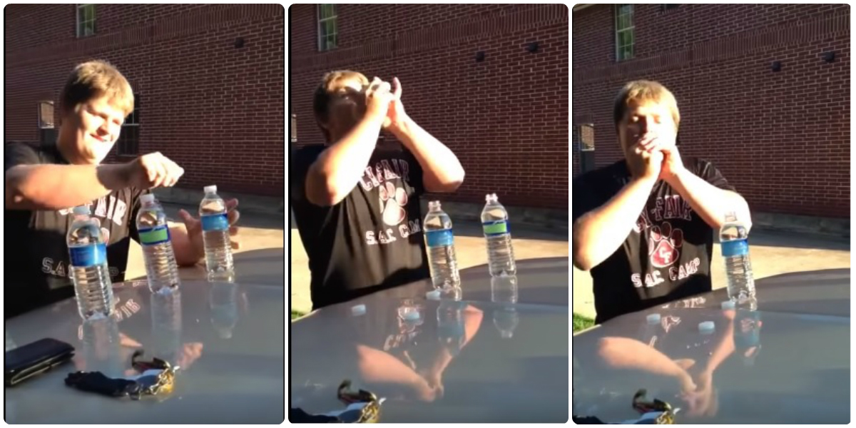 Este rapaz bebe 3 garrafas de água em 5 segundos