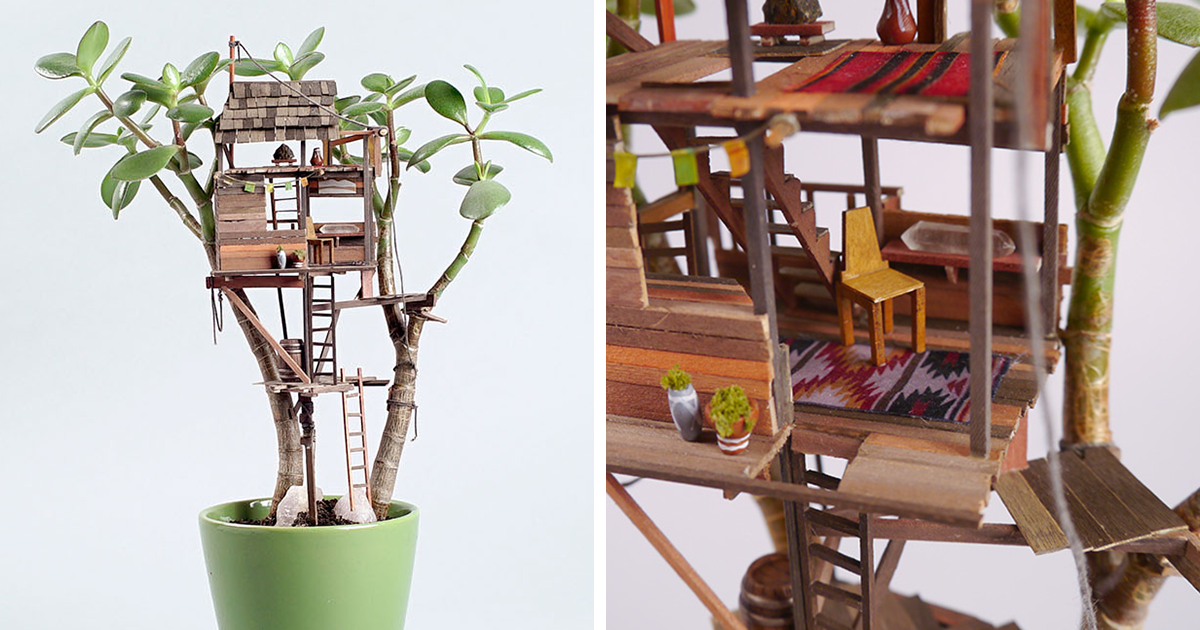 Artista cria casas de árvore em miniatura, para decorar plantas