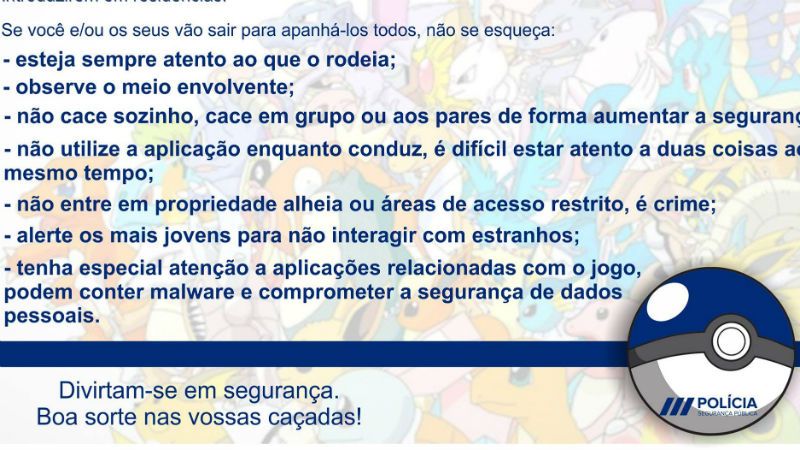 Polícia portuguesa lança manual para jogar Pokemon Go em segurança