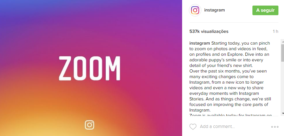 Instagram: agora já vai ser possível fazer zoom ás fotografias na aplicação