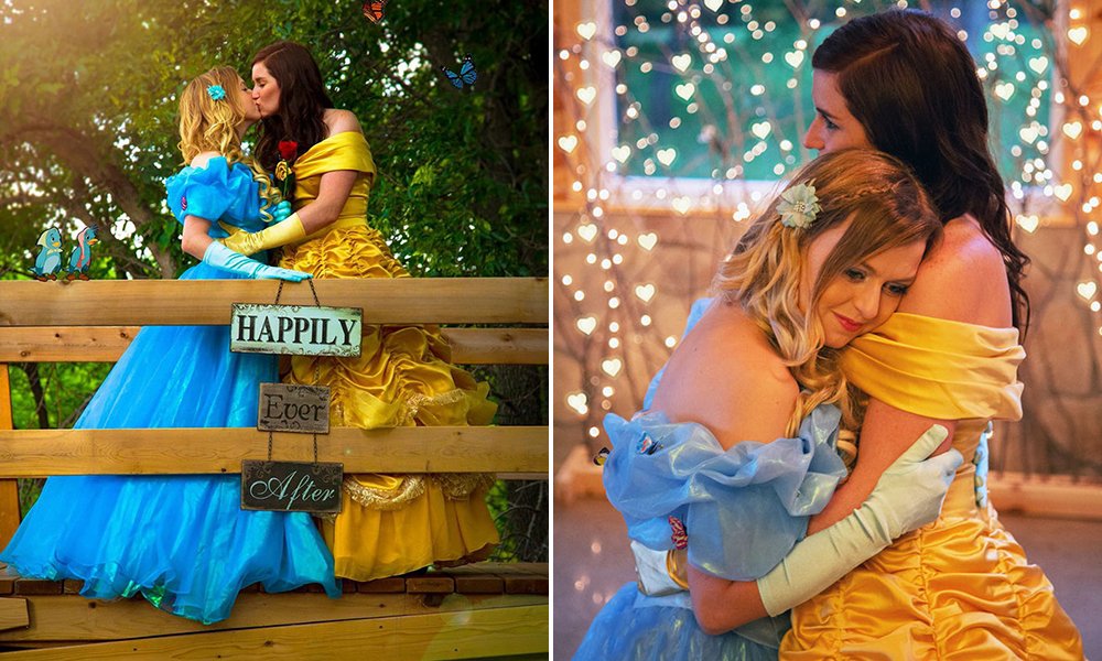 Elas vestiram-se de Bela e Cinderela para as fotografias do noivado, e a internet gostou