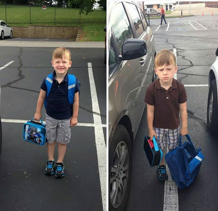 5 imagens mostram o antes, e o depois, do 1º dia de escola