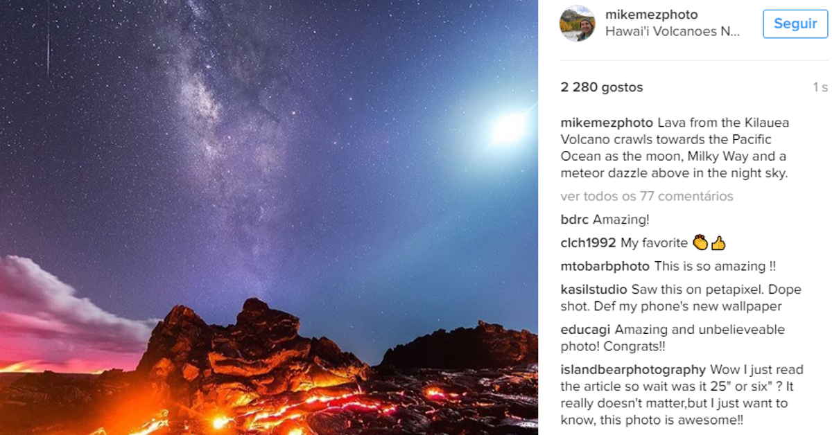 Fotógrafo capta lava, um meteoro, a via láctea, e a lua numa só fotografia