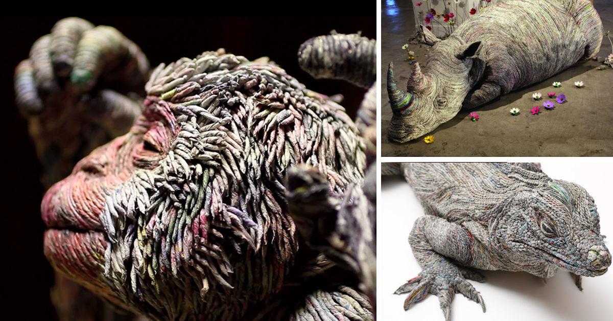 Artista transforma papel de jornal em incríveis esculturas de animais