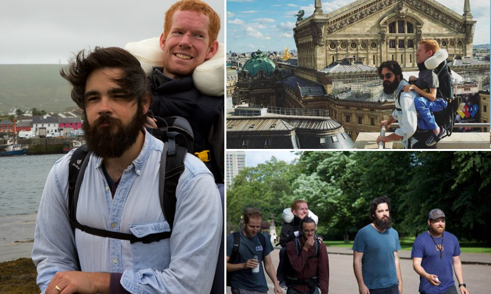 Adaptaram mochila para levar amigo com distrofia muscular numa viagem pela Europa