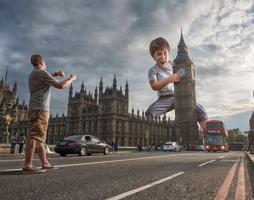 Pai especialista em Photoshop leva filho para cenários surreais