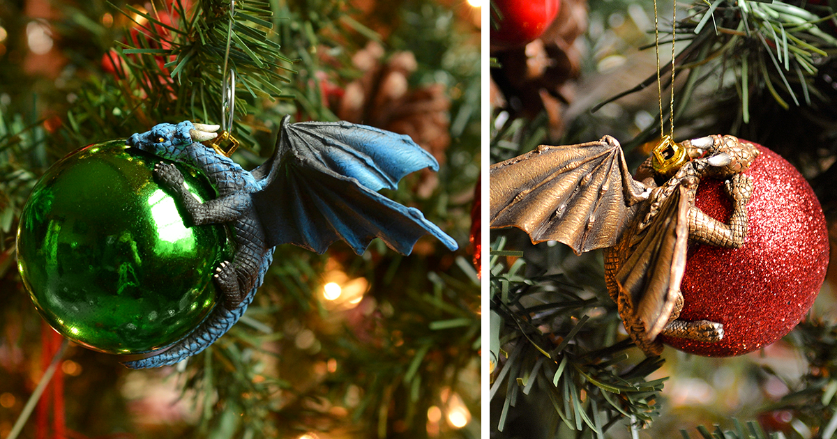 Dragões a proteger bolas de Natal como se fossem os seus ovos, é o que a tua árvore precisa este ano