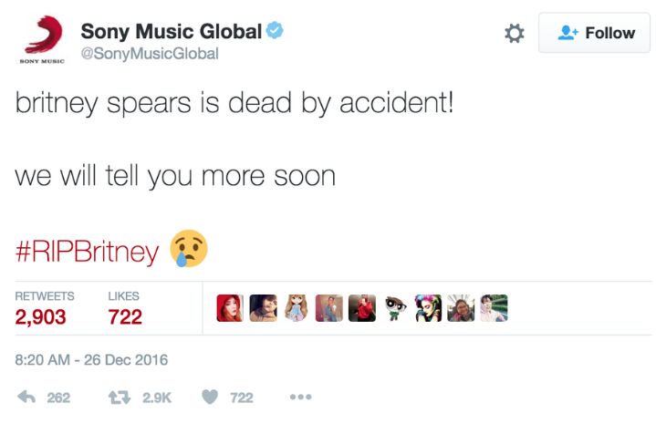 Twitter da Sony divulga falsa morte de Britney Spears