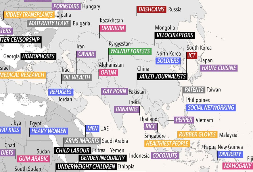 Mapa mundo revela o que de melhor (ou pior) cada país faz
