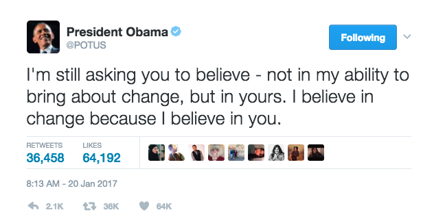 Os últimos tweets de Obama como Presidente são mensagem de força e esperança