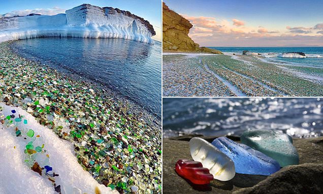 O mar transformou uma lixeira de garrafas de vodka na praia, numa obra de arte