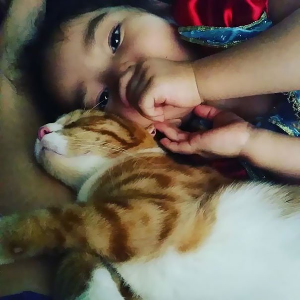 Esta menina dorme com o gato desde o dia em que se conheceram